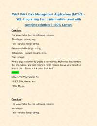 WGU D427 Data Management Applications |MYSQL - SQL Programing Test | Intermediate Level wi