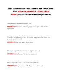 NYC FOOD PROTECTION CERTIFICATE EXAM 2026 WITH 190 RECENTLY TESTED EXAM QS&AS|100%|A+GRADE