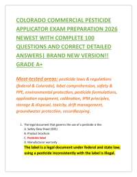 COLORADO COMMERCIAL PESTICIDE APPLICATOR EXAM PREPARATION 2026 NEWEST WITH COMPLETE 100