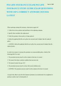 PSI LIFE INSURANCE EXAM| PSI LIFE INSURANCE STUDY GUIDE EXAM QUESTIONS WITH 100% CORRECT