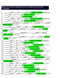 Balancing Chemical Equations Exam Questions and Correct Answers