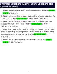Chemical Equations (Gizmo) Exam Questions and Correct Answers