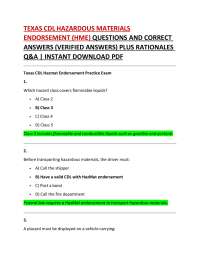 TEXAS CDL HAZARDOUS MATERIALS ENDORSEMENT (HME) QUESTIONS AND CORRECT ANSWERS