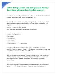 Unit 3 Refrigeration and Refrigerants Review Questions with precise detailed answers