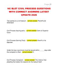 NC BLET CIVIL PROCESS QUESTIONS WITH CORRECT ANSWERS LATEST UPDATE 2026