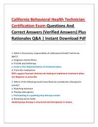 California Behavioral Health Technician Certification Exam Questions And Correct Answers