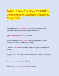 MAT-110 Exam Test Bank 2026/2027 – Comprehensive Questions, Answers & Study Guide