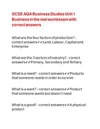 GCSE AQA Business Studies Unit 1 Business in the real world exam with correct answers