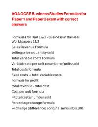AQA GCSE Business Studies Formulas for Paper 1 and Paper 2 exam with correct answers