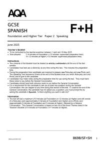 2025 ACTUAL AQA GCSE SPANISH Foundation and Higher Tier 8698/SF+SH Paper 2 Speaking Quest