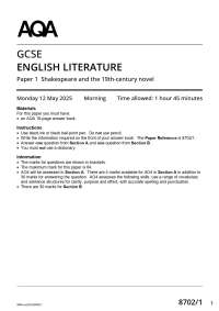2025 ACTUAL AQA GCSE ENGLISH LITERATURE 8702/1 Paper 1 Shakespeare and the 19thcentury no