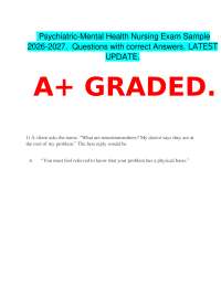 Psychiatric-Mental Health Nursing Exam Sample 2026-2027. Questions with correct Answers