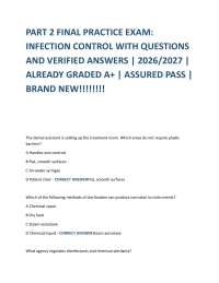 PART 2 FINAL PRACTICE EXAM: INFECTION CONTROL WITH QUESTIONS AND VERIFIED ANSWERS | 2026