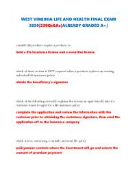 WEST VIRGINIA LIFE AND HEALTH FINAL EXAM 2026|220Qs&As|ALREADY GRADED A+|