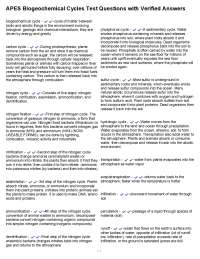APES Biogeochemical Cycles Test Questions with Verified Answers
