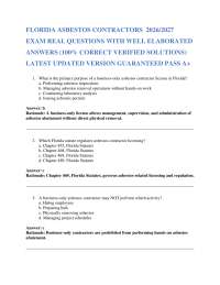 FLORIDA ASBESTOS CONTRACTORS 2026/2027 EXAM REAL QUESTIONS WITH WELL ELABORATED ANSWERS