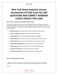 New York Home Inspector License Examination ACTUAL Exam ALL 200 QUESTIONS AND CORRECT ANSW