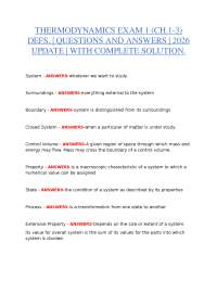 THERMODYNAMICS EXAM 1 (CH.1-3) DEFS. | QUESTIONS AND ANSWERS | 2026 UPDATE | WITH COMPLETE