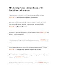 MA Refrigeration License Exam with Questions and Answers