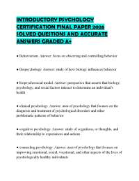 INTRODUCTORY PSYCHOLOGY CERTIFICATION FINAL PAPER 2026 SOLVED QUESTIONS AND ACCURATE ANSWE