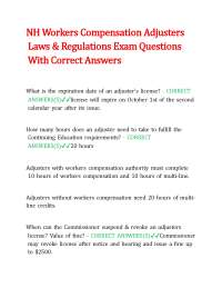 NH Workers Compensation Adjusters Laws & Regulations Exam Questions With Correct Answers