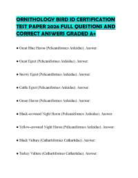 ORNITHOLOGY BIRD ID CERTIFICATION TEST PAPER 2026 FULL QUESTIONS AND CORRECT ANSWERS GRADE