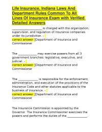 Life Insurance, Indiana Laws And Department Rules Common To All Lines Of Insurance Exam wi