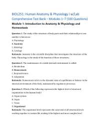 BIOL251: Human Anatomy & Physiology I w/Lab Comprehensive Test Bank – Modules 1–7 (100 Que