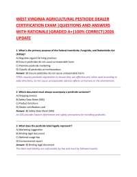 WEST VIRGINIA AGRICULTURAL PESTICIDE DEALER CERTIFICATION EXAM |QUESTIONS AND ANSWERS WI