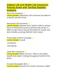 Indiana Life and Health-Life Insurance Policies Exam with Verified Detailed Answers