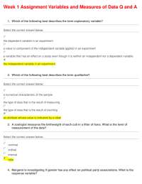 Week 1 Assignment Variables and Measures of Data Q and A