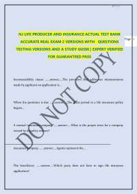 NJ LIFE PRODUCER AND INSURANCE ACTUAL TEST BANK ACCURATE REAL EXAM 2 VERSIONS WITH QUES