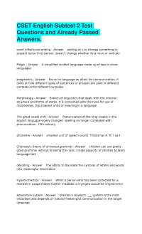 CSET English Subtest 2 Test Questions and Already Passed Answers.