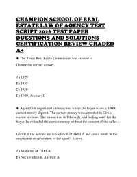 CHAMPION SCHOOL OF REAL ESTATE LAW OF AGENCY TEST SCRIPT 2026 TEST PAPER QUESTIONS AND SOL