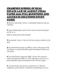 CHAMPION SCHOOL OF REAL ESTATE LAW OF AGENCY FINAL PAPER 2026 FULL QUESTIONS AND ACCURATE
