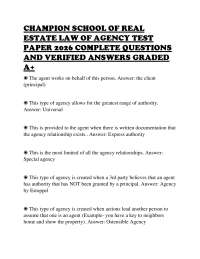 CHAMPION SCHOOL OF REAL ESTATE LAW OF AGENCY TEST PAPER 2026 COMPLETE QUESTIONS AND VERIFI