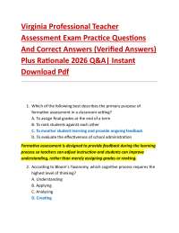 Virginia Professional Teacher Assessment Exam Practice Questions And Correct Answers (Ve