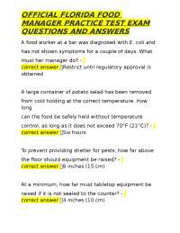 OFFICIAL FLORIDA FOOD MANAGER PRACTICE TEST EXAM QUESTIONS AND ANSWERS