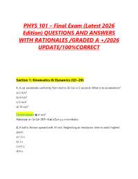 PHYS 101 – Final Exam (Latest 2026 Edition) QUESTIONS AND ANSWERS WITH RATIONALES /GRADE