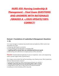 NURS 450: Nursing Leadership & Management – Final Exam QUESTIONS AND ANSWERS WITH RATION