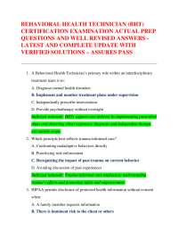 BEHAVIORAL HEALTH TECHNICIAN (BHT) CERTIFICATION EXAMINATION ACTUAL PREP QUESTIONS AND WEL