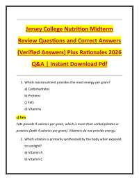 Jersey College Nutrition Midterm Review Questions and Correct Answers (Verified Answers)
