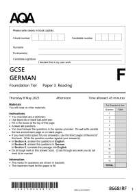 2025 ACTUAL AQA GCSE GERMAN Foundation Tier 8668/RF Paper 3 Reading Question paper +