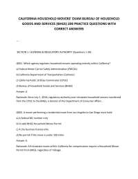 CALIFORNIA HOUSEHOLD MOVERS’ EXAM BUREAU OF HOUSEHOLD GOODS AND SERVICES (BHGS) 200 PRACT