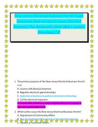 New Jersey Electrical Business Permit Exam Questions and Correct Answers PDF with Study G