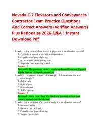 Nevada C-7 Elevators and Conveyances Contractor Exam Practice Questions And Correct Answ