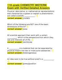 11th grade CHEMISTRY MIDTERM Exam with Verified Detailed Answers