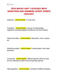 BYUI BIO181 UNIT 1 ECOLOGY WITH QUESTIONS AND ANSWERS LATEST UPDATE 2026\2027