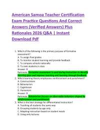 American Samoa Teacher Certification Exam Practice Questions And Correct Answers (Verifi