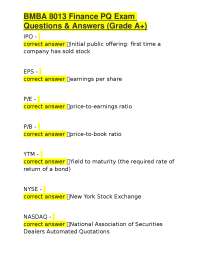 BMBA 8013 Finance PQ Exam Questions & Answers (Grade A+)